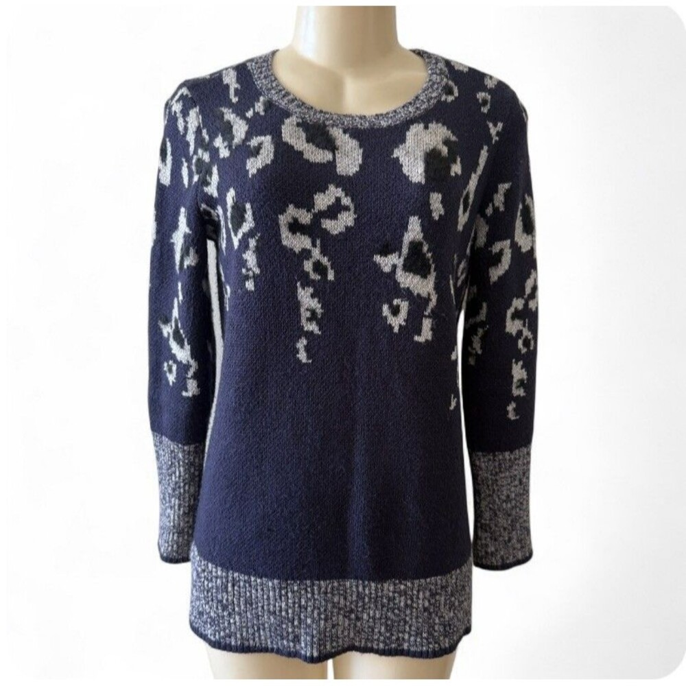 Apt 9 Women Blue Animal Print Pullover Knit Sweater Crew Neck Metallic Accent Sm